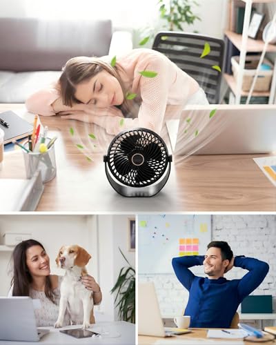 Tischventilator Klein,26dB Leiser Wiederaufladbarer USB Ventilator,5 Geschwindigkeiten,3000mAh Akku,360° Verstellbar,Turbinenlüfter mit Starkem Luftstrom für Zuhause Büro Reisen Camping (schwarz)