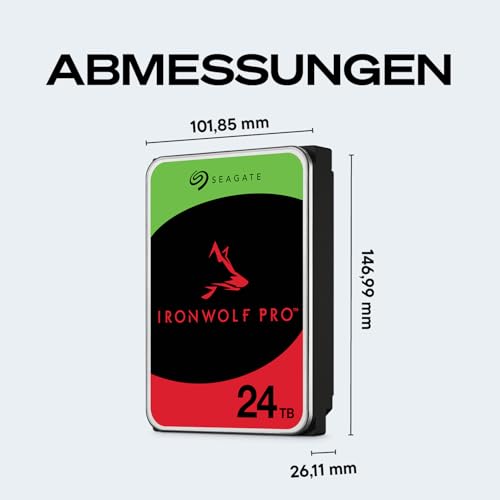 Seagate 24TB IronWolf Pro Interne NAS-Festplatte | SATA (ST24000NTZ02) | 7200 U/Min. Professionelle NAS-HDD. 24/7-Leistung, AgileArray, All-CMR, 550TB/Jahr, Health-Monitoring.