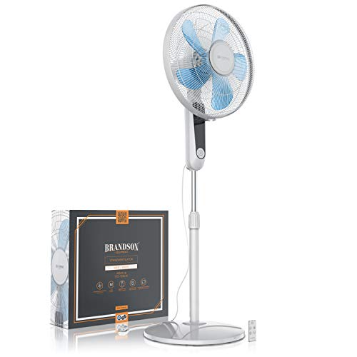Brandson Standventilator mit Fernbedienung, 60 Watt, 3 Stufen, Timer, Weiß | Ventilator oszillierend 80°, höhenverstellbar 115 bis 134,5 cm, 3 Modi mit Nachtmodus, 3548 m³/h, Standlüfter, Schlafzimmer