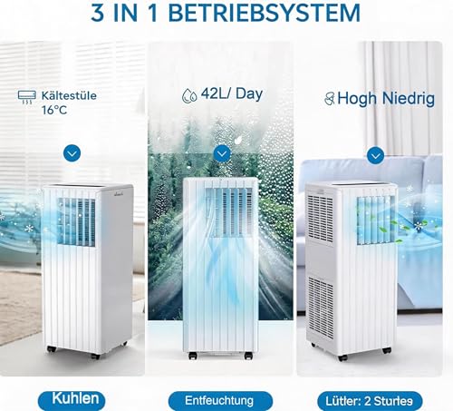 Thaookte 3-in-1 Mobilklimaanlage 9000 BTU mit Dual-Schlauch-Technologie, extrem leise (≤45 dB), 24h Vorwahl, kabellose Bedienung per Fernbedienung, 3 Funktionen Klimaanlage mobil für Räume bis 35 m²