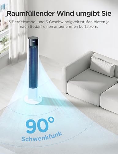 Midea FZ10-19BRA Turmventilator, robuster Kupfermotor, Luftzufuhr nach innen, Fernbedienung, 7-Stunden-Timer, Touch- und Bedienfeld-Display, drei Modi und drei Geschwindigkeiten zur Auswahl