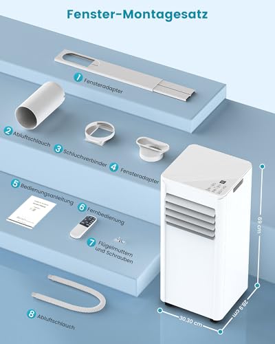 Mobile Klimaanlage 9000 BTU (2,6 kW) | 4-in-1 Klimagerät mit Abluftschlauch zum Kühlen, Entfeuchten, Ventilieren & Schlafen | für Räume bis 28 m² | Energieeffizienzklasse A