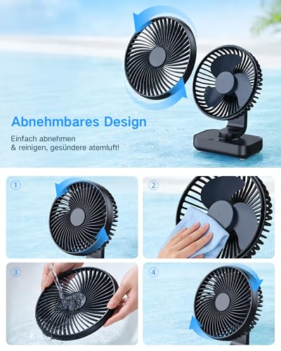 ArsMotin Tischventilator Automatisch Oszillierend, Leise 30 dB, Sanfter Luftstrom, 4500mAh Akku, USB-C, LED Display, Abnehmbar, 4 Geschwindigkeiten, Klein & Tragbar für Büro, Zuhause