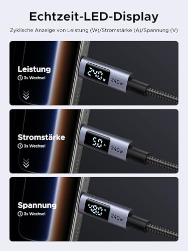 UGREEN 240W USB-C Kabel mit Digital Display PD3.1 Schnellladekabel | USB-C auf USB-C Kabel mit Ladeleistungsanzeige und E-Marker für iPhone 17 Serie, Galaxy S26, MacBook, iPad usw.（1M 1 Stück）