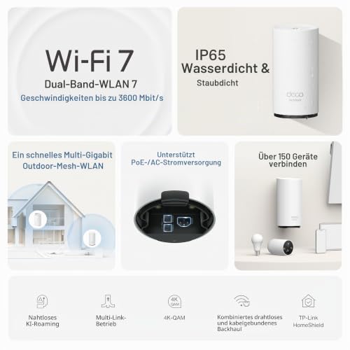 TP-Link Deco BE25-Outdoor Wi-Fi 7 Router | Dualband-WLAN bis zu 2.882 Mbit/s (5 GHz) + 688 Mbit/s (2,4 GHz) | 2× 2,5-Gbit/s-Ports | 802.3at PoE/AC-Stromversorgung | ideal für Garten und Terrasse