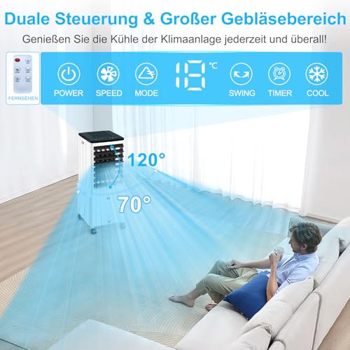 Klimaanlage Mobil, 14L Klimaanlage ohne Abluftschlauch mit 3 Modus, 12H Timer, 60W, 40dB, 120°Oszillation, Abnehmbare Wassertank, Fernbedienung, Leise Klimagerät Air Conditioner für Wohnung Zimmer