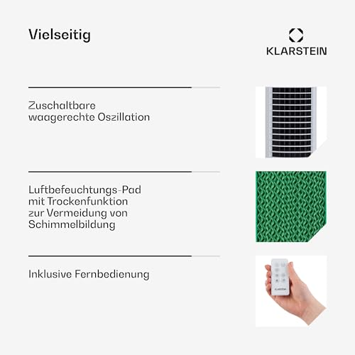 Klarstein Skytower Grand Smart Ventilator Mit Wasserkühlung – 4-in-1 Luftkühler, Luftreiniger & Luftbefeuchter, 460 m³/h, Wi-Fi & App-Steuerung, 8L Tank, 60 dB, Timer, Ionisator, für Smart Home, Weiß