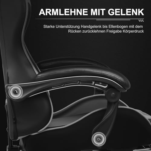 GTPLAYER Bürostuhl Gaming Stuhl Massage Gaming Sessel Ergonomischer Gamer Stuhl mit Fußstütze, Kopfstütze Massage-Lendenkissen, Gepolstert Gaming Chair, Drehsessel Kunstleder-weiß