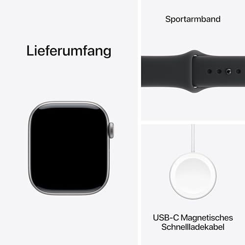 Apple Watch Series 11 GPS 42 mm Smartwatch mit Aluminiumgehäuse in Space Grau und Sportarmband in Schwarz (M/L). Schlafindex, Fitnesstracker, Gesundheitstracking, Always-On Display, Wasserschutz