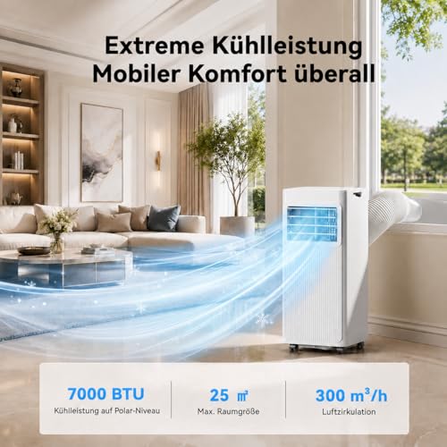 Mobile Klimaanlage mit Abluftschlauch 7000 BTU, 4-in-1 Mobiles Klimagerät (Kühlen, Entfeuchten, Ventilieren, Schlafmodus), Klimaanlage für Schlafzimmer & Wohnung, inkl. Fensterabdichtung, Weiß