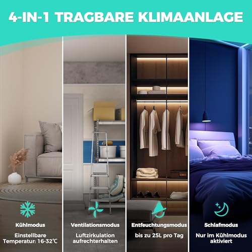 HAUSHOF Mobile Klimaanlage 9000 BTU, 4-in-1 Klimagerät mit Abluftschlauch & Isolierhülle, Kühlen/Entfeuchten/Ventilieren/Nachtmodus, 330 m³/h, mit Fensterdichtungsset, für Räume bis 30 m²