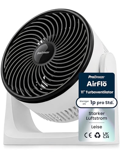 Pro Breeze AirFlo Mini Tischventilator – Leiser Turbo Ventilator mit 3 Stufen, 90° Neigung und kraftvollem Luftstrom bis 4,2 m/s, kompakt für Schreibtisch, Schlafzimmer & Büro