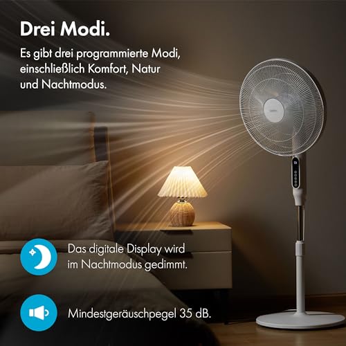 VonHaus 42 cm Standventilator – Ventilator Leise mit Ferbedienung, 24 Geschwindigkeiten, 3 Modi, 15-h-Timer, 80°-Schwenkfunktion, Einstellbare Höhe, LED, 5 Blätter – für Zuhause oder Büro