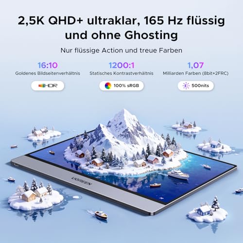 UGREEN 2,5K Portable Monitor 16 Zoll, Tragbarer Monitor IPS 2560×1600@165Hz