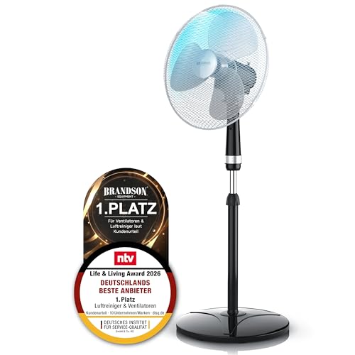 Brandson Standventilator 40cm, 50 Watt, oszillierend, Silber-Schwarz | Höhenverstellbar 104 bis 122 cm, 3 Stufen, Oszillation 80°, Neigung 30°, Rotor 35 cm, Schutzgitter, breiter Standfuß