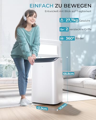 EUHOMY Mobile Klimaanlage 12000 BTU mit Abluftschlauch | 3-in-1 Mobiles Klimagerät: Kühlen, Entfeuchten, Ventilieren | 4-Stufen-Lüfter | 410 m³/h | Energieeffizienzklasse A | <50 dB | 24h-Timer