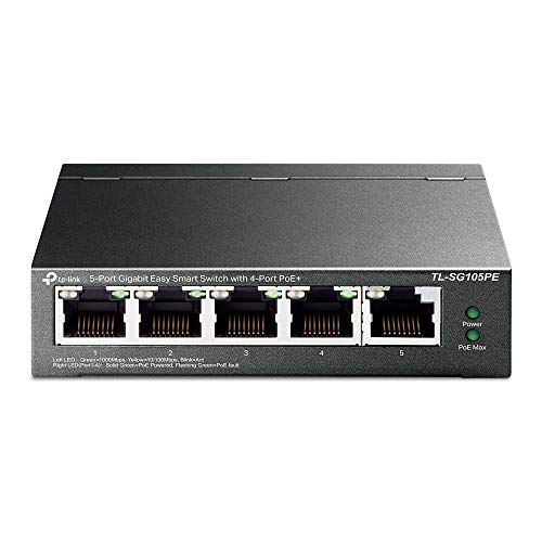 TP-Link TL-SG105PE 5-Port Gigabit Managed LAN PoE Switch mit 4 PoE+ Ports (65 Watt, IEEE-802.3af/at, einfache Konfiguration, IGMP, QoS, VLAN, lüfterlos, Robustes Metallgehäuse) Schwarz