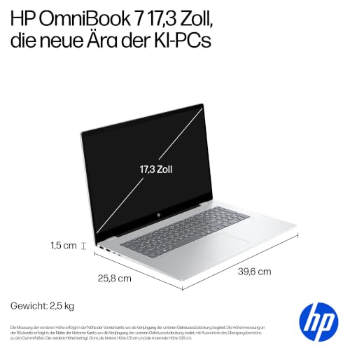HP OmniBook 7, 17,3" FHD Touch, Intel Core Ultra 7, 16GB RAM, 1TB SSD | Copilot+ Laptop für Business, Kreativarbeit & Multitasking auf großem Display - inkl. Netzteil und Ladekabel, QWERTZ, Silber