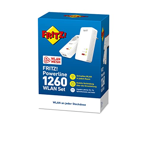 FRITZ!Powerline 1260 WLAN Set | Mesh| Wi-Fi 5 bis zu 1,2 GBit/s | Dualband WLAN (2,4/5 GHz), Powerline über das Stromnetz bis 1,2 GBit/s, einfache Einrichtung, Developed in Europe
