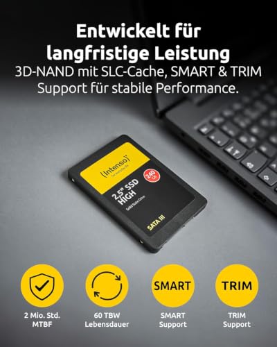 Intenso Interne 2,5" SSD SATA III High, 120 GB, 520 MB/Sekunden, Schwarz | Schnelle 6 Gbps Solid State Drive fuer PC & Laptop, geräuschlos, schock-resistent, Slim Design 7mm, 480 MB/s Schreiben