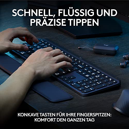 Logitech MX Keys S PLUS kabellose Tastatur uns Palm Rest Low Profile | Fluid Quiet Typing, Programmable, Backlighting, Bluetooth, USB C, Windows PC, Linux, Chrome, Mac, Deutsches QWERTZ - Grau