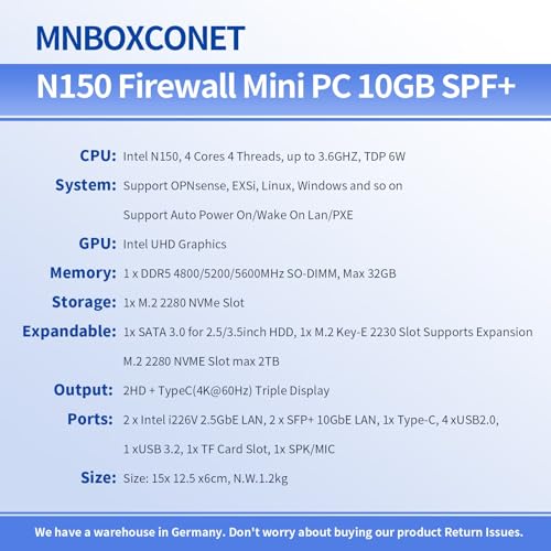 MNBOXCONET S2 Mini PC N150 10GBE SFP+, Firewall Appliance Micro Büro Hardware, DDR5 8GB RAM 128GB SSD, 2xi226V 2.5Gbit LAN, USB C, TF Card Slot, Support Proxmox OPNsense, SPK/MIC