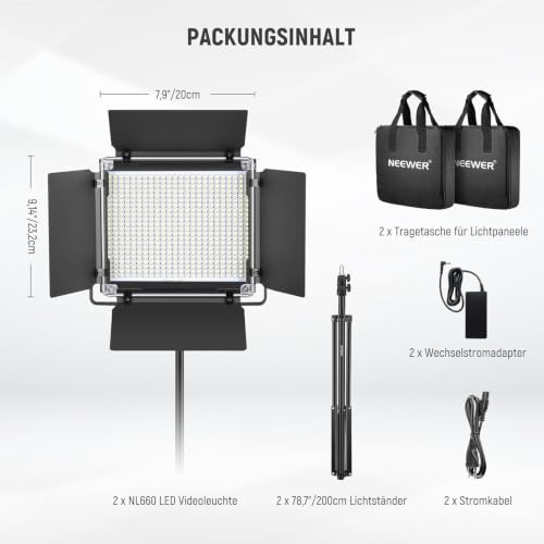 NEEWER NL660 2er Pack LED Videoleuchte mit Stativ, Bi Farbe | (2) 3200-5600K CRI96+ dimmbare Panel mit U Halterung, Barndoors und 75" Stativen für Studio/Video