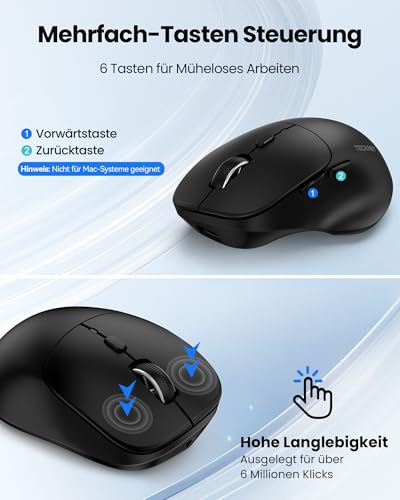 TECKNET Bluetooth Maus Wiederaufladbar, Tri-Modi (2BT+USB) Maus Kabellos | Ergo Daumenauflage, 4800 DPI/6 Tasten, Leise Computer Funkmaus für Laptop, PC, Mac OS, Android, Windows