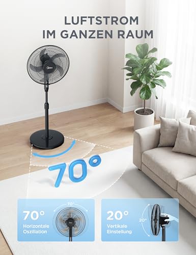 Midea FS40-25JA Standventilator, 5-Fluegel, 40W, Hoeheverstellbar | 108-122cm, Tastensteuerung, Leiser Betrieb, Energiesparend, Schwarz