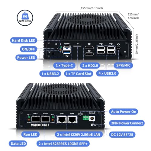 MNBOXCONET S2 Mini PC N150 10GBE SFP+, Firewall Appliance Micro Büro Hardware, DDR5 8GB RAM 128GB SSD, 2xi226V 2.5Gbit LAN, USB C, TF Card Slot, Support Proxmox OPNsense, SPK/MIC