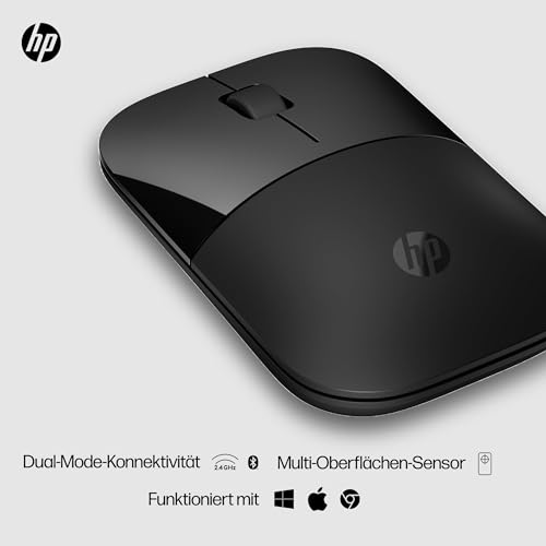 HP Z3700 kabellose Maus | 1200 optische Sensoren | bis zu 16 Monate Batterielaufzeit | 2.4 GHz oder Bluetooth Verbindung | Plug&Play | Schwarz