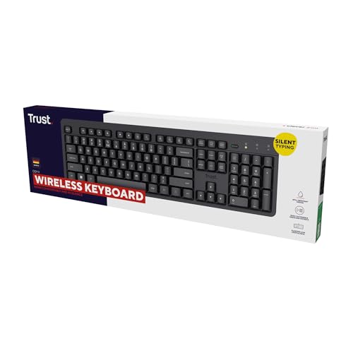 Trust ODY II Leise Tastatur Kabellos Deutsches Layout (QWERTZ), Schwarz | Flachen Tasten, Funktastatur Spritzwassergeschützt, RF 2.4GHz USB-Empfänger, PC Laptop Computer Mac