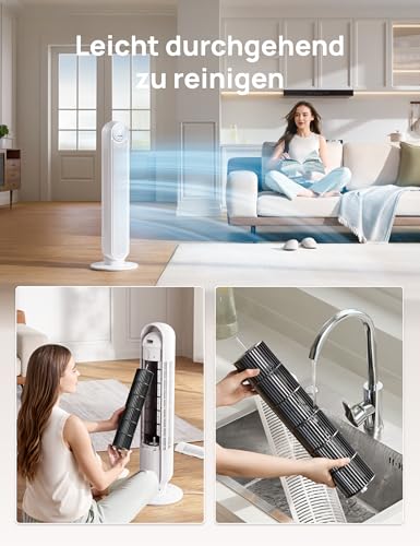 DREO Leiser Turmventilator, 10 m Wurfweite 4 Geschwindigstufen 4 Modi 8 Std. Timer 90° oszillierende Ventilator mit Kühlung Fernbedienung für Schlafzimmer, Nomad One, Weiß
