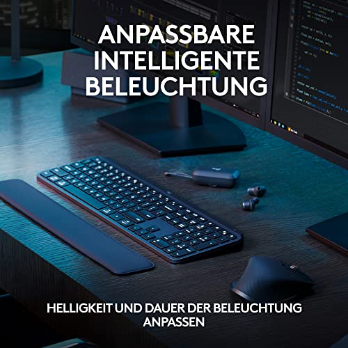 Logitech MX Keys S PLUS kabellose Tastatur uns Palm Rest Low Profile | Fluid Quiet Typing, Programmable, Backlighting, Bluetooth, USB C, Windows PC, Linux, Chrome, Mac, Deutsches QWERTZ - Grau