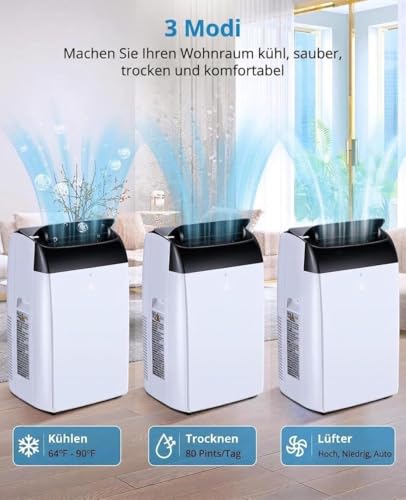GarveeMore Mobiles Klimagerät 10000 BTU Kompressor Klimaanlage – 3-in-1 Kühlen Entfeuchten Ventilator – R290, Bis 46m², 48dB Schlafmodus, Mit Abluftschlauch, Fenster-Kit f. Kippfenster