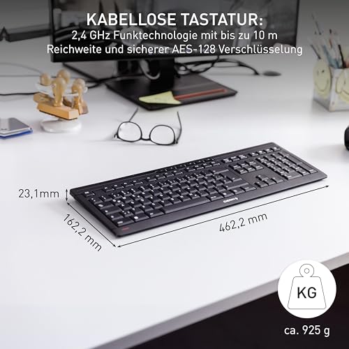 CHERRY Stream Keyboard Wireless, Kabellose Tastatur, Deutsch, Schwarz | QWERTZ-Layout, Verbindung über 2,4 GHz Funk mit USB-Dongle, Plug & Play, Leise Tasten, Flaches Design, Batteriebetrieben