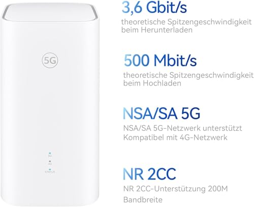 5G CPE 5, 5G Router SIM, Wi-Fi 6 AX3000, H155 | DL 3600 Mbit/s/UL 500 Mbit/s, 9-dBi-Antenne mit hoher Verstärkung, LAN/WAN-Anschluss, WLAN-Diagnose, Home Broadband Mesh+