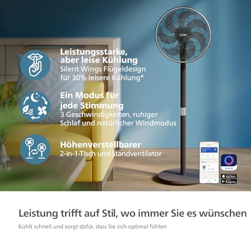 PHILIPS Standventilator Smart 3000 Serie, Schwarz, 2.562 m³/h Airflow | 125 cm, SilentWings-Techn. mit 19-46 dB(A), App, Timer, Neigung 30°, Oszillation 90°, gleichmäßige Luftumwälzung (CX3550/01)