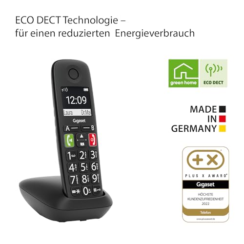 Gigaset E290 - Schnurloses Senioren-Telefon ohne Anrufbeantworter mit großen Tasten - Zielwahltasten für wichtige Nummern, Verstärker-Funktion für extra lautes Hören, schwarz [Deutsche Version]