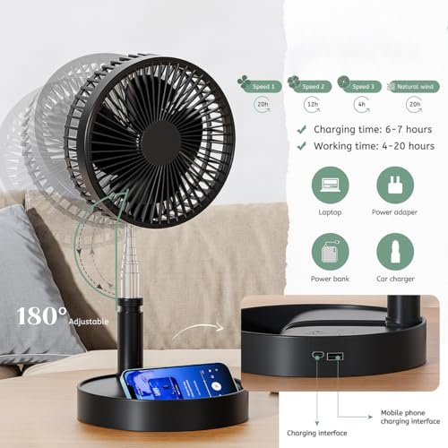 Faltbarer Bodenventilator, wiederaufladbar, batteriebetrieben, USB-Bodenventilator, tragbar, höhenverstellbar, Mini-Elektroventilator, 4 Windgeschwindigkeitseinstellungen, geeignet für Schlafzimmer