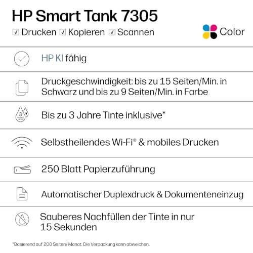HP Smart Tank 7305 Multifunktionsdrucker (Drucker, Scanner, Kopierer, ADF, WLAN, LAN, AirPrint, Duplex, inklusive Tinte für bis zu 3 Jahre drucken)