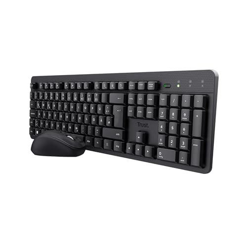 Trust Ymo II Leise Tastatur Maus Set Kabellos Deutsches Layout (QWERTZ) | Flachen Tasten, Spritzwassergeschützt, Beidhändig Funkmaus 800-1600 DPI, Ein USB-Empfänger, für PC Computer Laptop Mac