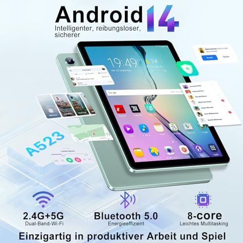 JUEDUR Android Tablet 10 Zoll, 20GB RAM+128GB ROM(1TB TF), 5G+2.4G WiFi 6, Octa-Core 1.8 GHz, Widevine L1, 1280 * 800, 6000mAh, 5MP+8MP, BT5.0, Mit Tastatur und Maus - Creek Grün