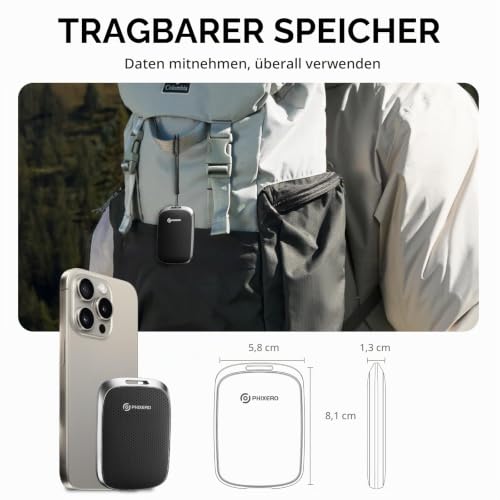 PHIXERO Tragbare Extern SSD 2TB Bis zu 550MB/s, USB 3.2 Gen 2 USB C to C&A for Smartphone/Tablet/PC/Laptop/Kamera (Schwarz)