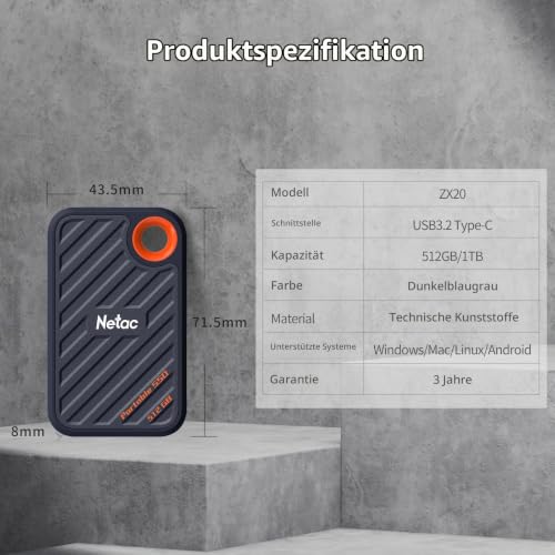 Netac ZX20 512GB Extreme 512GB NVMe Portable SSD USB 3.2-C bis zu 2000MB/s Lesebeständig Staubgeschützt