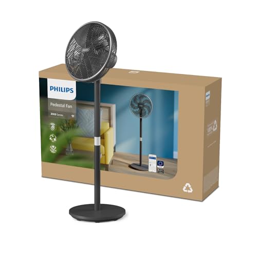 PHILIPS Standventilator Smart 3000 Serie, Schwarz, 2.562 m³/h Airflow | 125 cm, SilentWings-Techn. mit 19-46 dB(A), App, Timer, Neigung 30°, Oszillation 90°, gleichmäßige Luftumwälzung (CX3550/01)