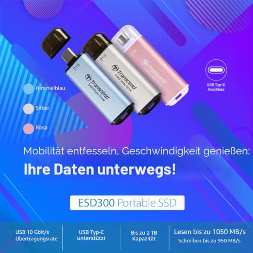 Transcend 512GB ESD300 Portable SSD 1050 MB/s Typ C, Himmelblau, USB-Stick | Externe SSD mit USB 3.2 Gen 2 für iPhone 17, 16, 15, iPad, Mac, Pixel 11, Steam Deck, Android und Smart-TV