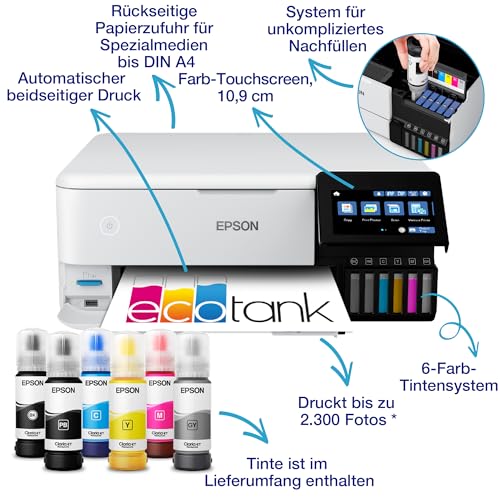Epson EcoTank ET-8500 Tintentankdrucker | Fotodruck | 6-Farb-Tintensystem | WLAN | A4 | Drucken, Kopieren, Scannen | 10.9 cm Touchscreen | Duplexdruck | hinterer Papiereinzug