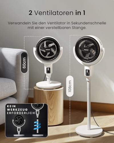 Pro Breeze AirFlo Standventilator 108 cm, Stiftung Warentest GUT (1,9), 29 dB, 2-in-1 Stand- & Tischventilator, 85°+135° Oszillation, höhenverstellbar, Fernbedienung