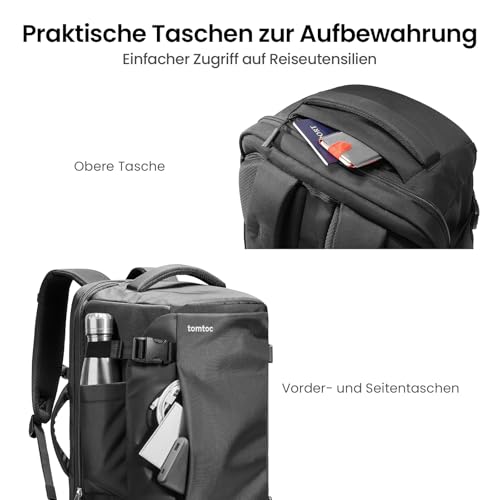 tomtoc 40L Reiserucksack TSA Freundlich Handgepäck Rucksack Travel Backpack | Groß Rucksack für 15,6-17 Zoll Laptop, Flug Genehmigt Bordgepäck Spritzwassergeschützt Kabinenrucksack für Reise Weekender